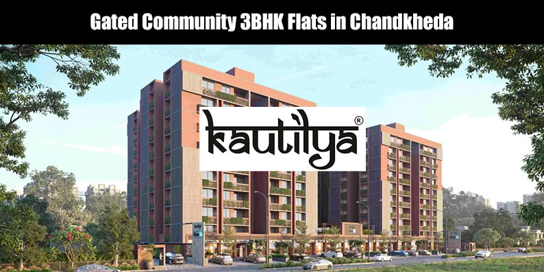 Gated Community 3BHK Flats in Chandkheda by Kautilya Group Developers with 24/7 AI security, grand entrance foyer, and vehicle-free zones near Motera Metro.