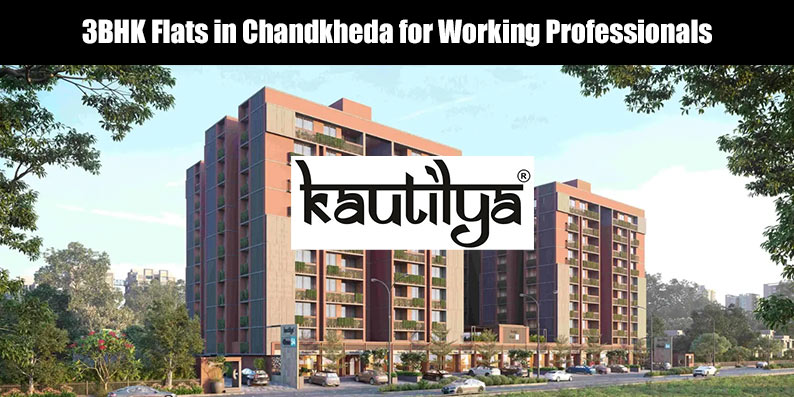 Alt Text: Spacious 3BHK flats in Chandkheda for working professionals by Kautilya Group featuring dedicated home office zones and 5-minute Motera Metro connectivity.