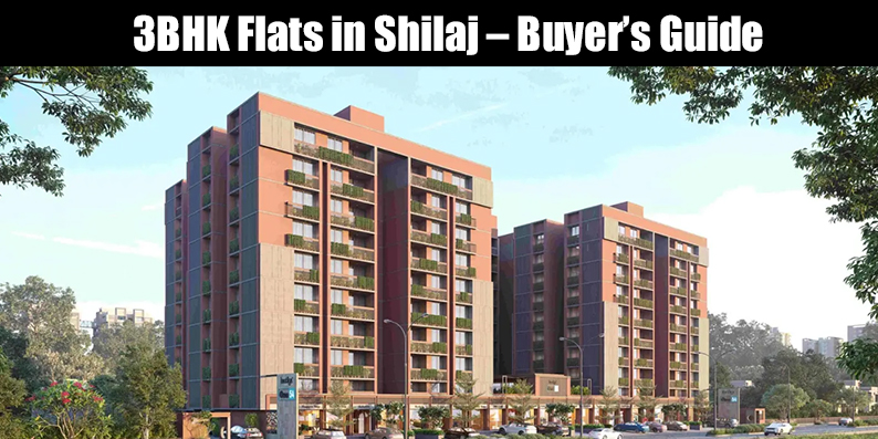 Premium high-rise 3BHK apartments in Shilaj Ahmedabad West featuring modern gated community architecture and landscaped green entryways.