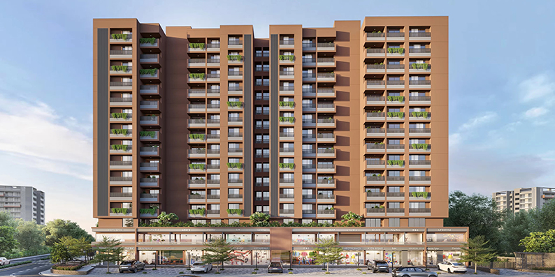 Exterior view of premium gated community towers featuring luxury 3BHK flats in Shilaj Ahmedabad developed by Kautilya Group.