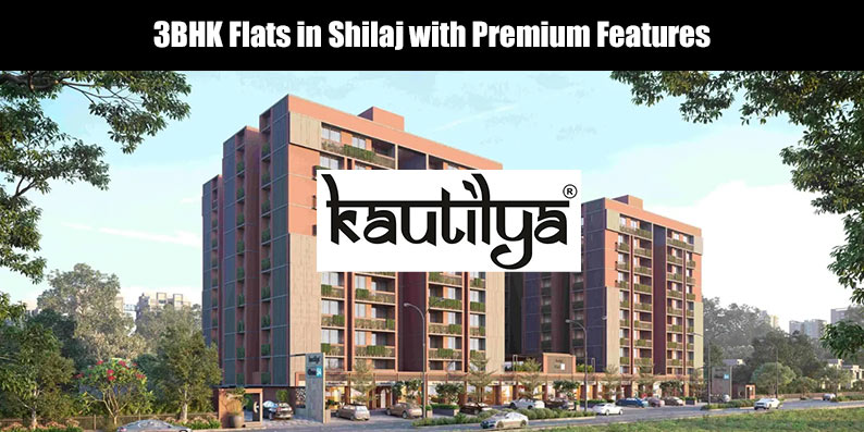 Premium living room layout inside a modern 3BHK flat in Shilaj, Ahmedabad by Kautilya Group, showcasing vitrified flooring and balcony views.