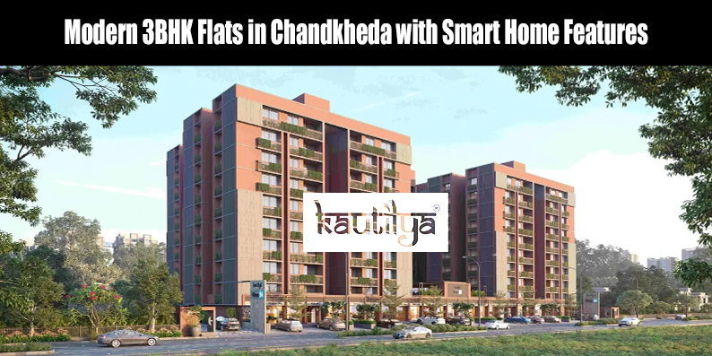 Modern 3BHK flat in Chandkheda Ahmedabad featuring smart home automation, spacious living room, and high-end interiors by Kautilya Developers