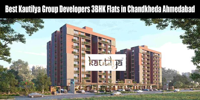 Exterior view of Kautilya Group Developers premium RERA approved 3BHK flats in Chandkheda Ahmedabad featuring landscaped gardens and modern architecture
