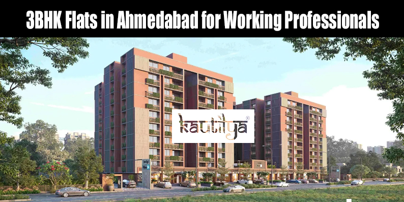 Professional modern living room in Kautilya Group 3BHK flat in Ahmedabad with dedicated home office setup