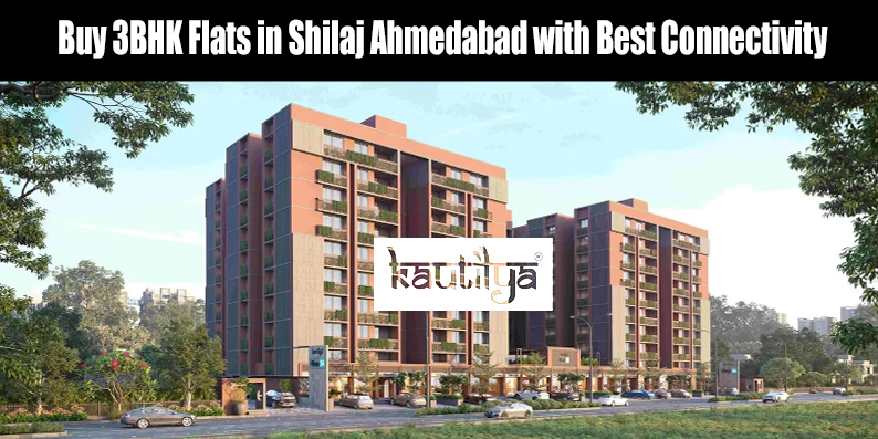 Modern high-rise residential building featuring luxury 3BHK flats in Shilaj Ahmedabad near Sindhu Bhavan Road